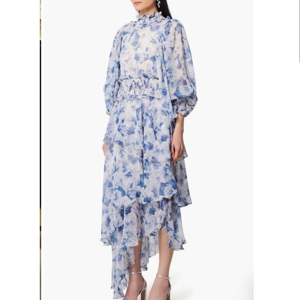 elliatt astrid blue floral asymmetrical puff sleeve tiered hem maxi dress Large